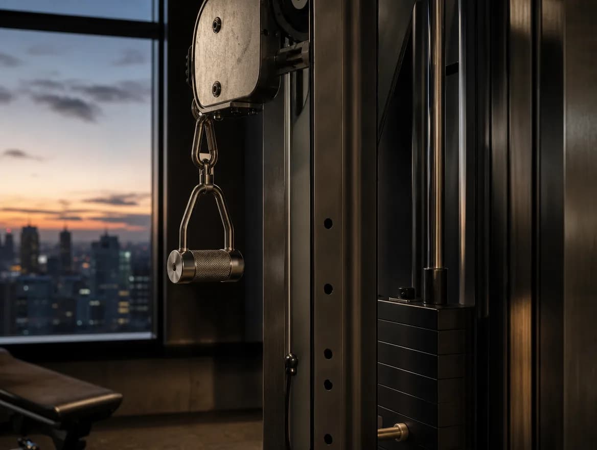 A brushed gunmetal cable machine against dusk window light above the city.