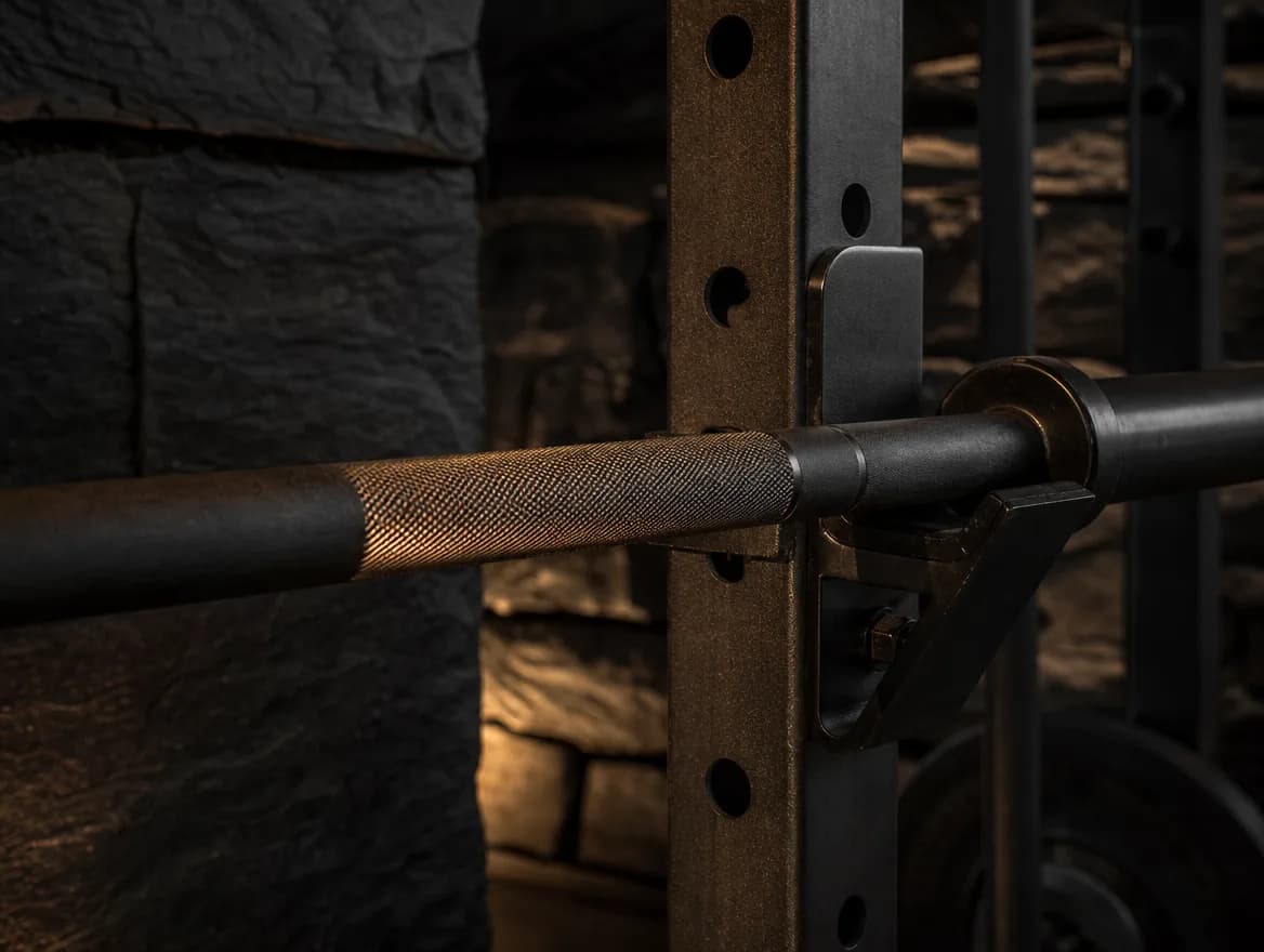 A matte black barbell in a machined gunmetal rack, warm light grazing the knurled steel.