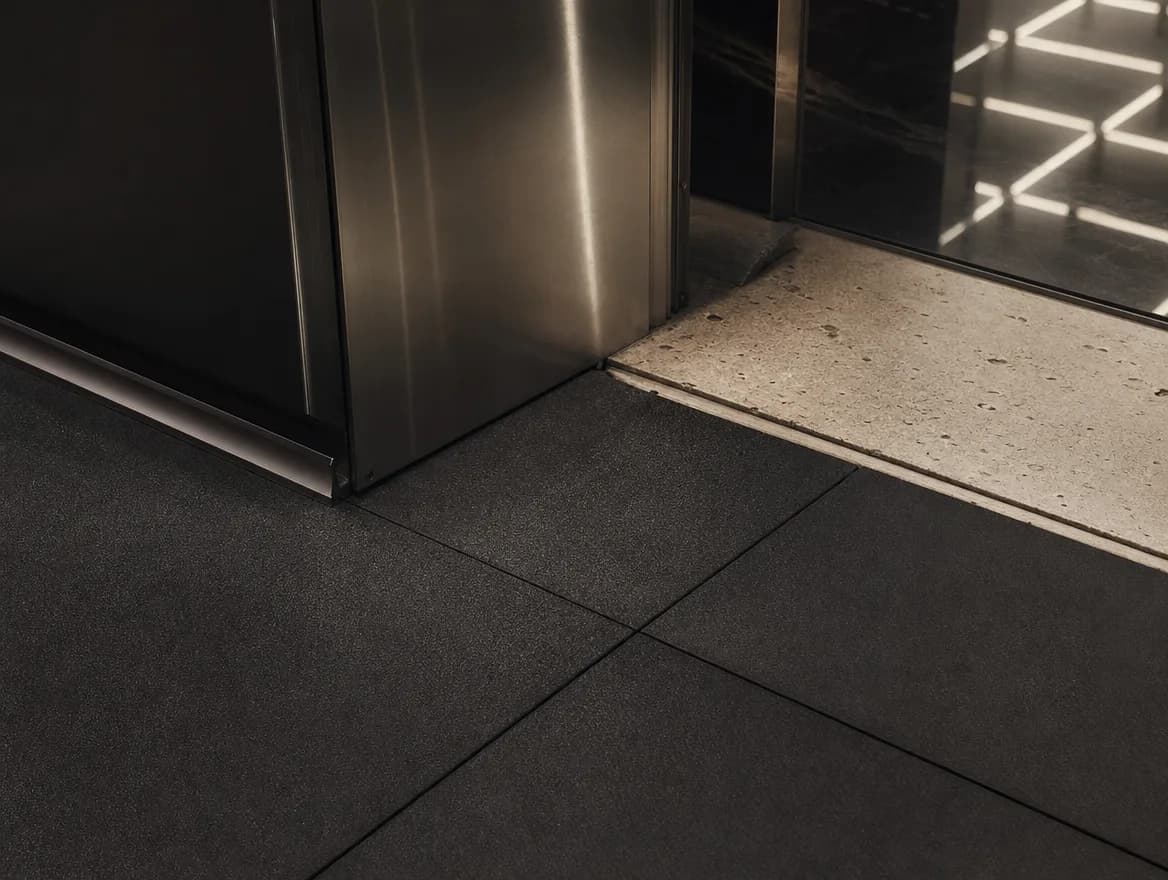 Precise rubber flooring seams meeting a limestone threshold.