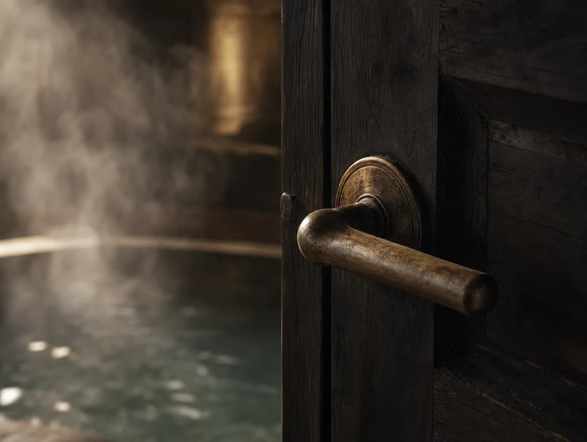 An aged bronze handle on a dark timber spa door, steam softening the background.