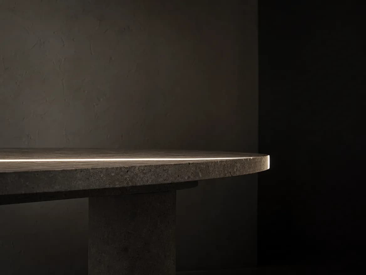 The edge of a long honed stone dining table under one precise line of light.