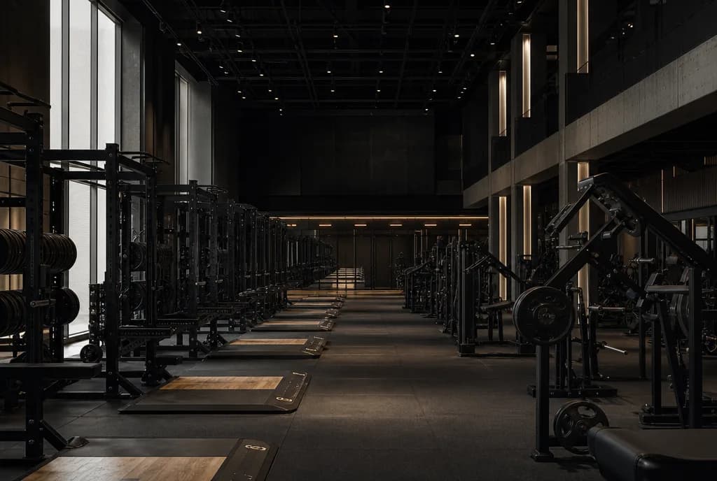 Lusail Performance Club: a double-height hall of matte black rigs under an engineered light grid.