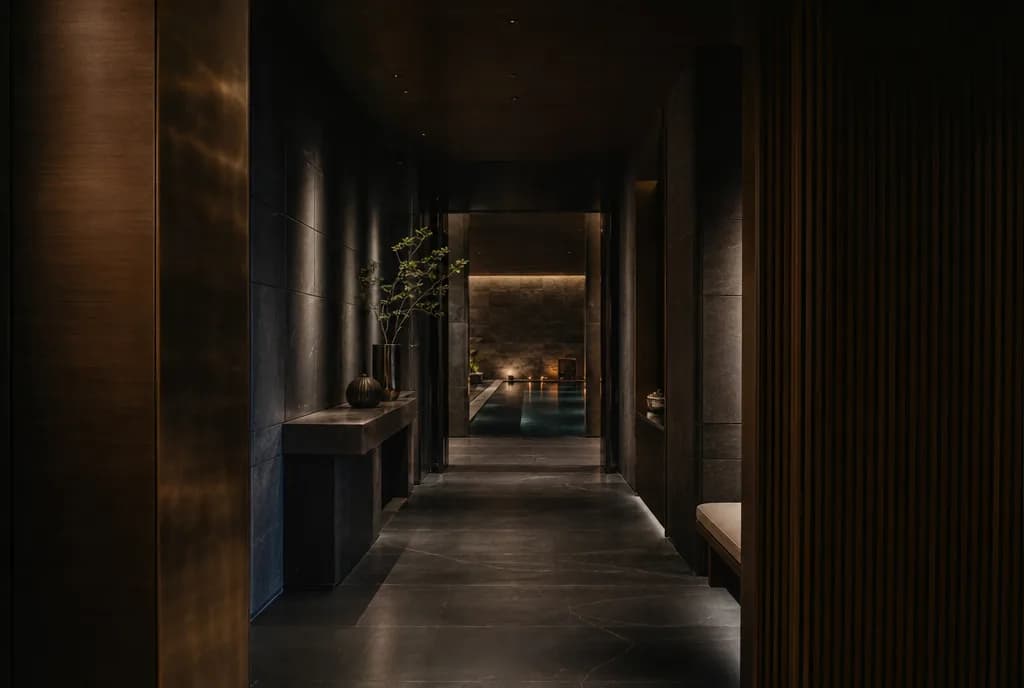 Meridian Wellness Floor: a dark hotel corridor of stone and bronze flowing toward the spa.