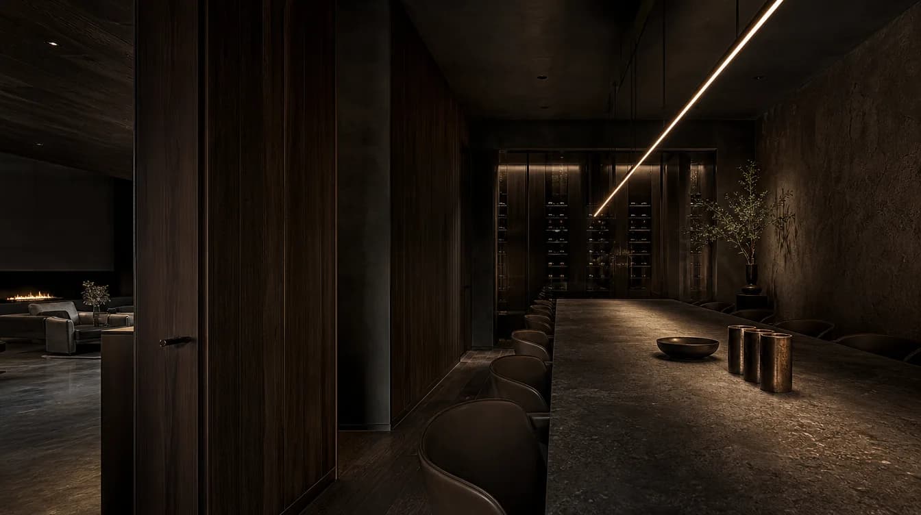 The Obsidian Room: a long stone dining table under one precise line of light.