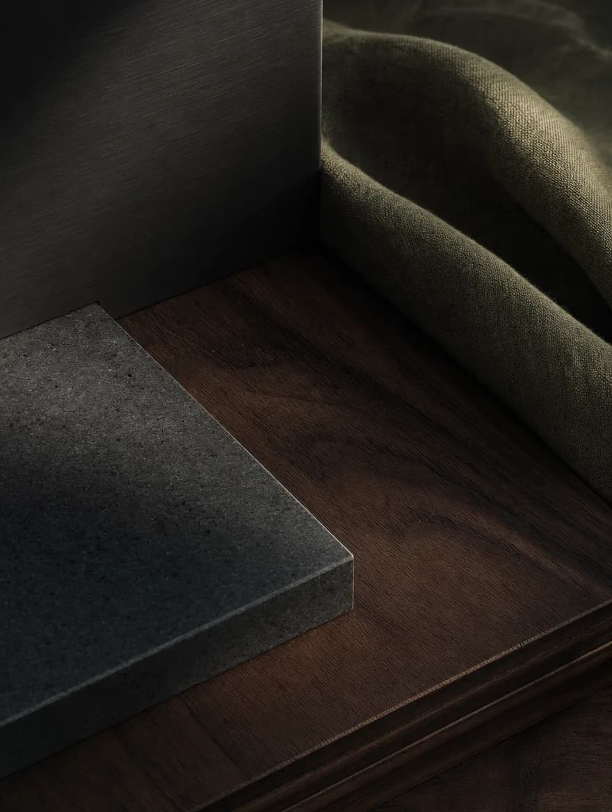 Charcoal stone, dark walnut, brushed gunmetal, and olive-sage textile in one quiet still life.