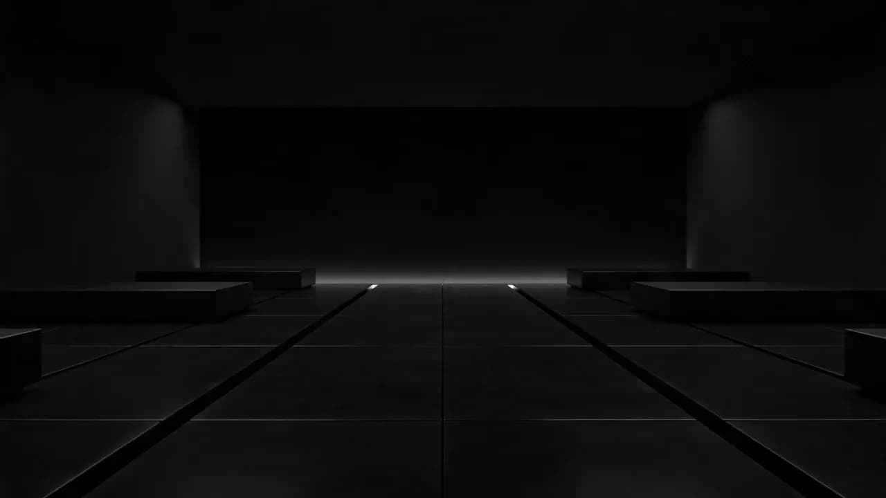 An empty wellness environment before sunrise, darkening until only one precise line of light remains.