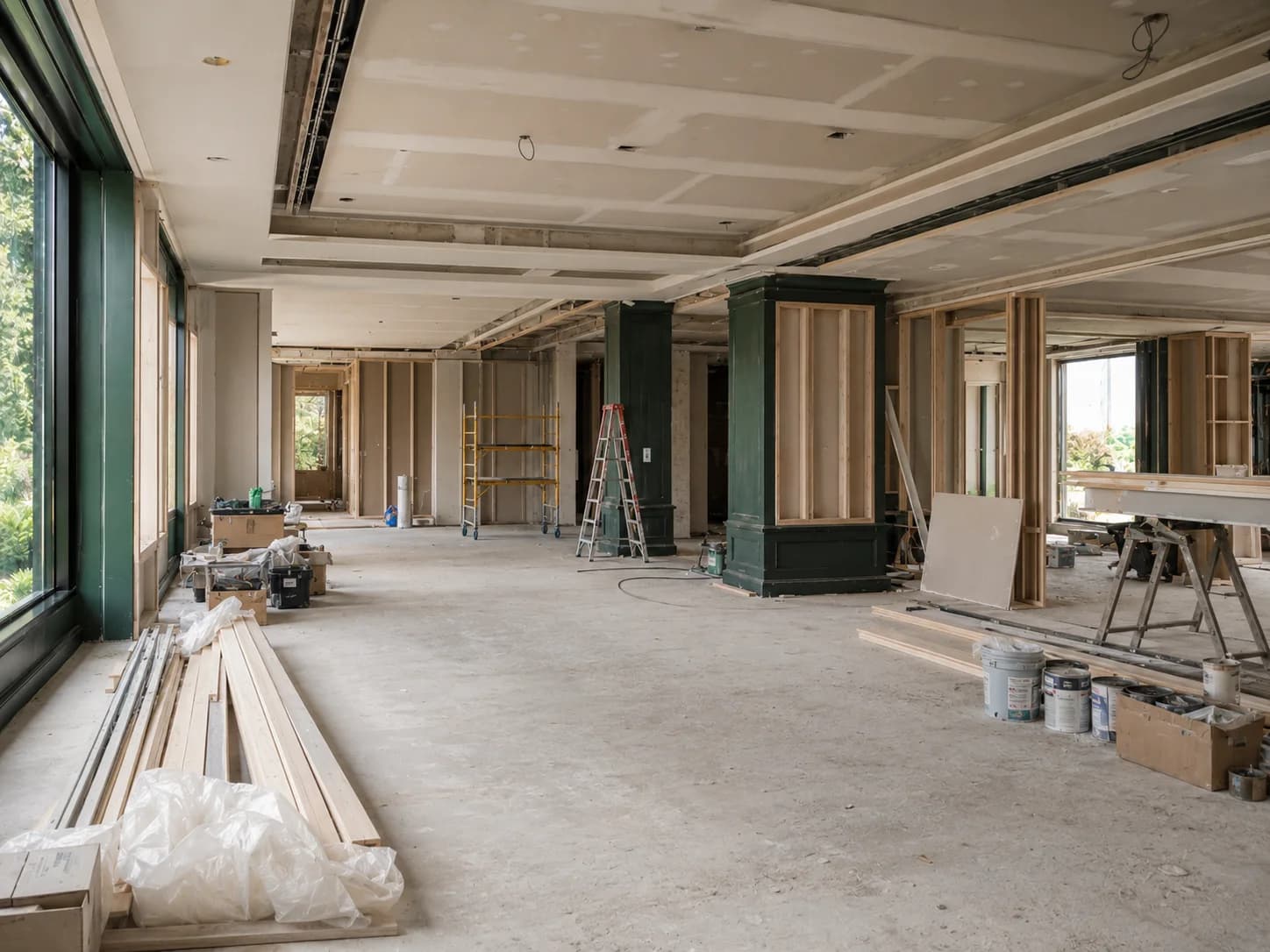 The Al Rayyan garden room as found: stripped walls, unfinished joinery, and building materials across a bare floor.