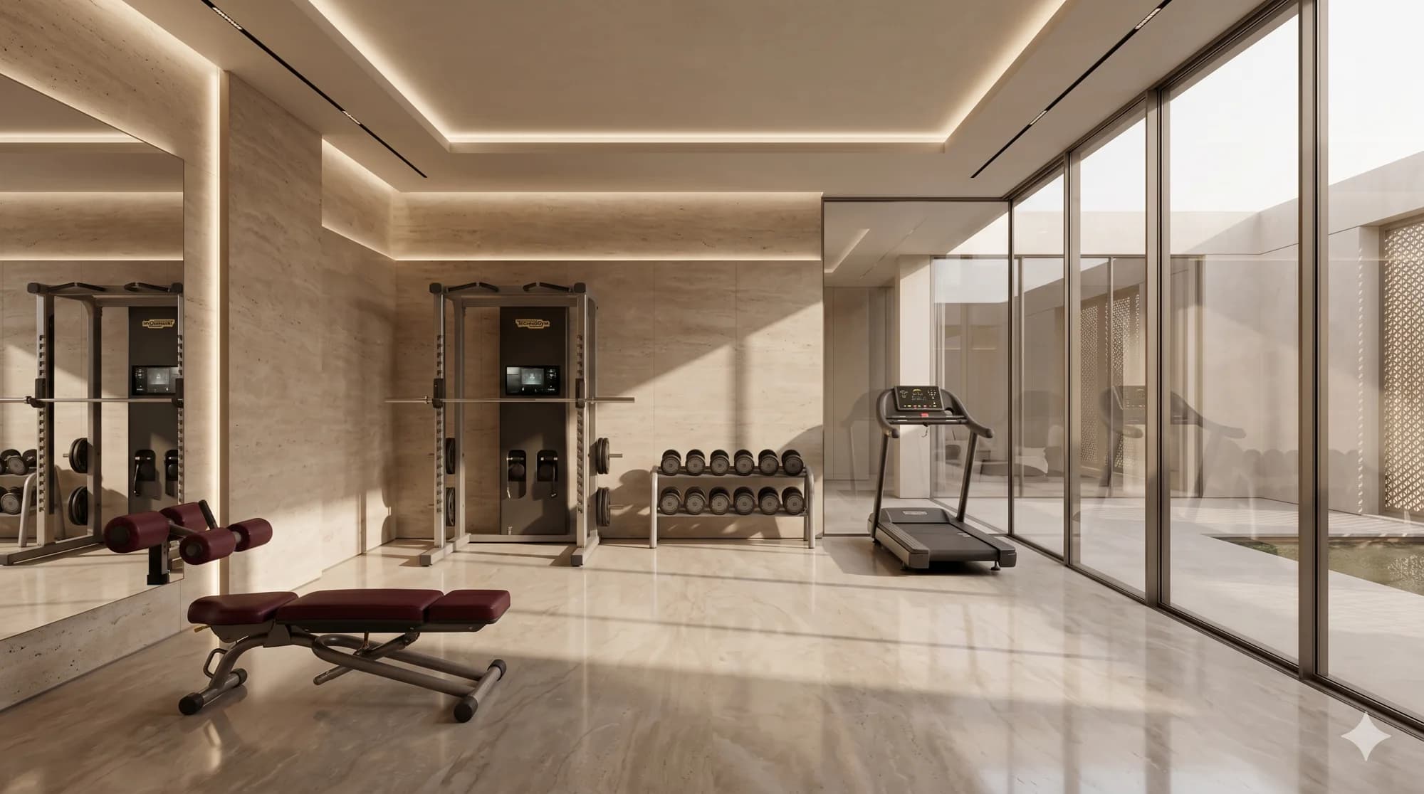 The Al Waab villa gym as delivered: travertine walls, integrated lighting, a mirrored wall, and neatly arranged equipment.