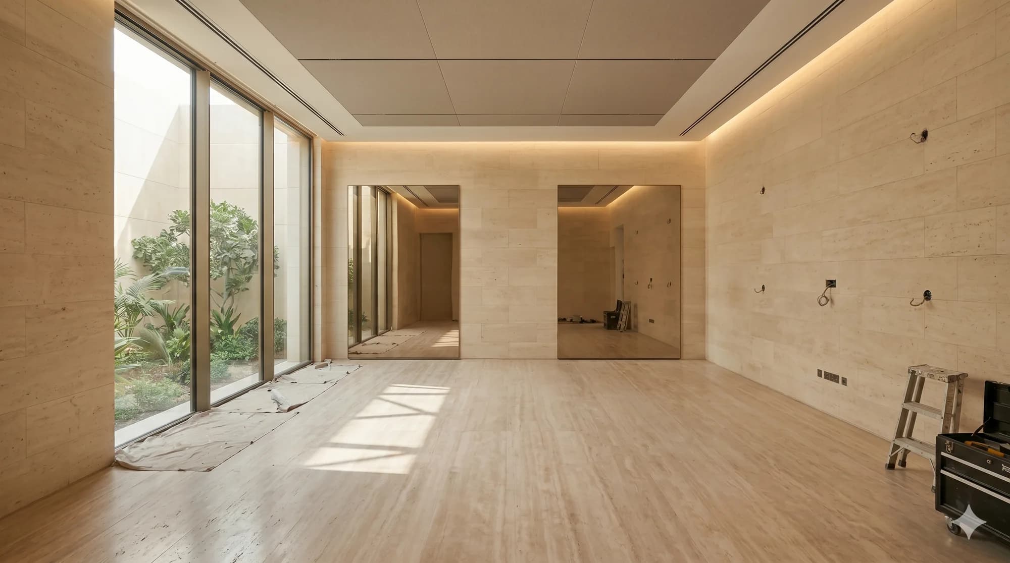 The Al Waab villa gym as found: an empty travertine room with dust sheets, exposed sockets, and a contractor's ladder.