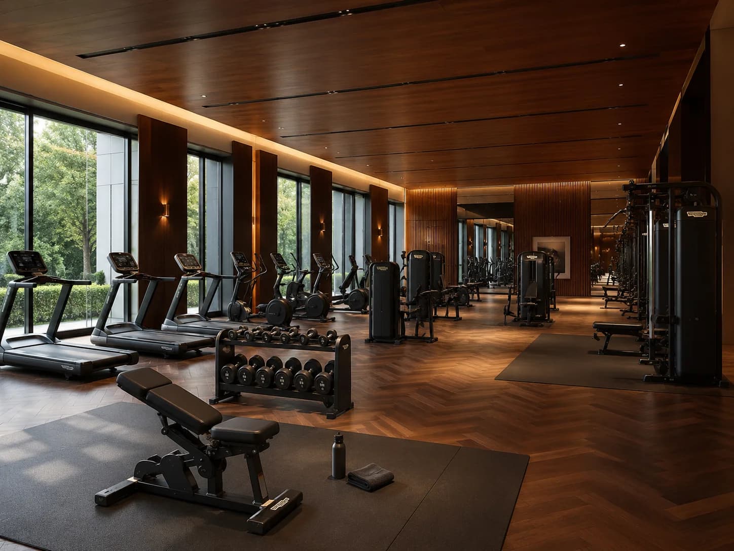 The Grand Training Hall as delivered: herringbone timber floor, a disciplined row of cardio equipment, and warm light along the full length of the hall.