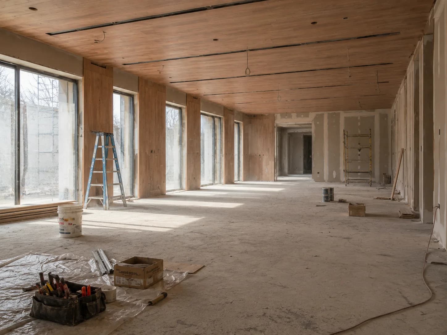 The Grand Training Hall as found: a bare concrete shell with exposed ceiling, dust sheets, and a step ladder against the window wall.