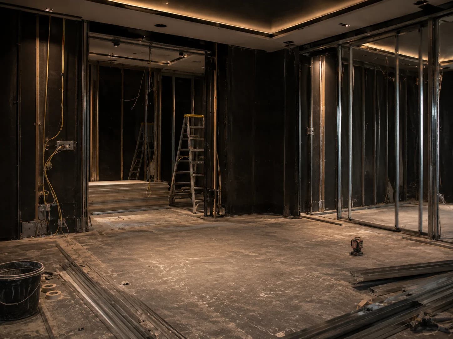 The Msheireb townhouse gym as found: a dark stripped basement with exposed steel studwork and a ladder.