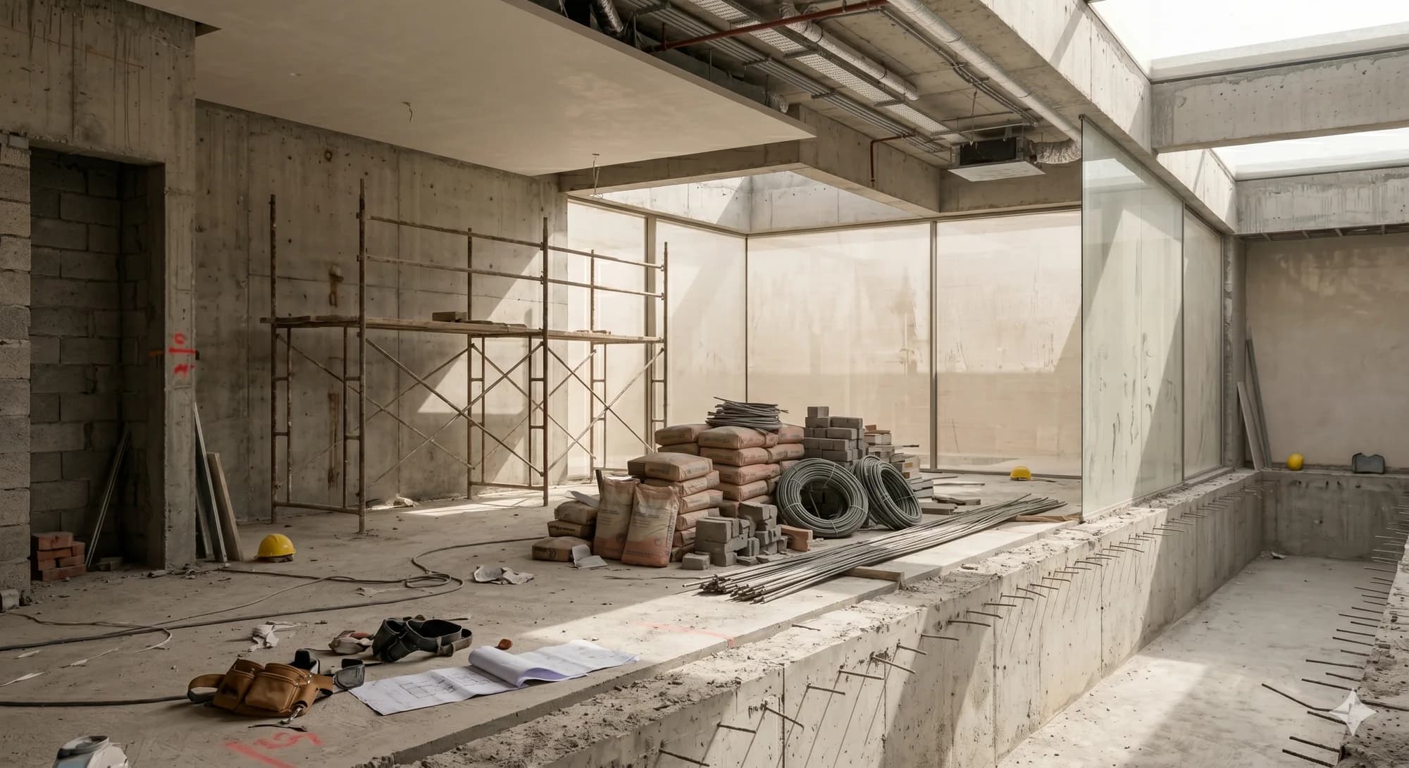 The Pearl pool pavilion as found: exposed concrete structure, scaffolding, and stacked materials around an unfinished pool.
