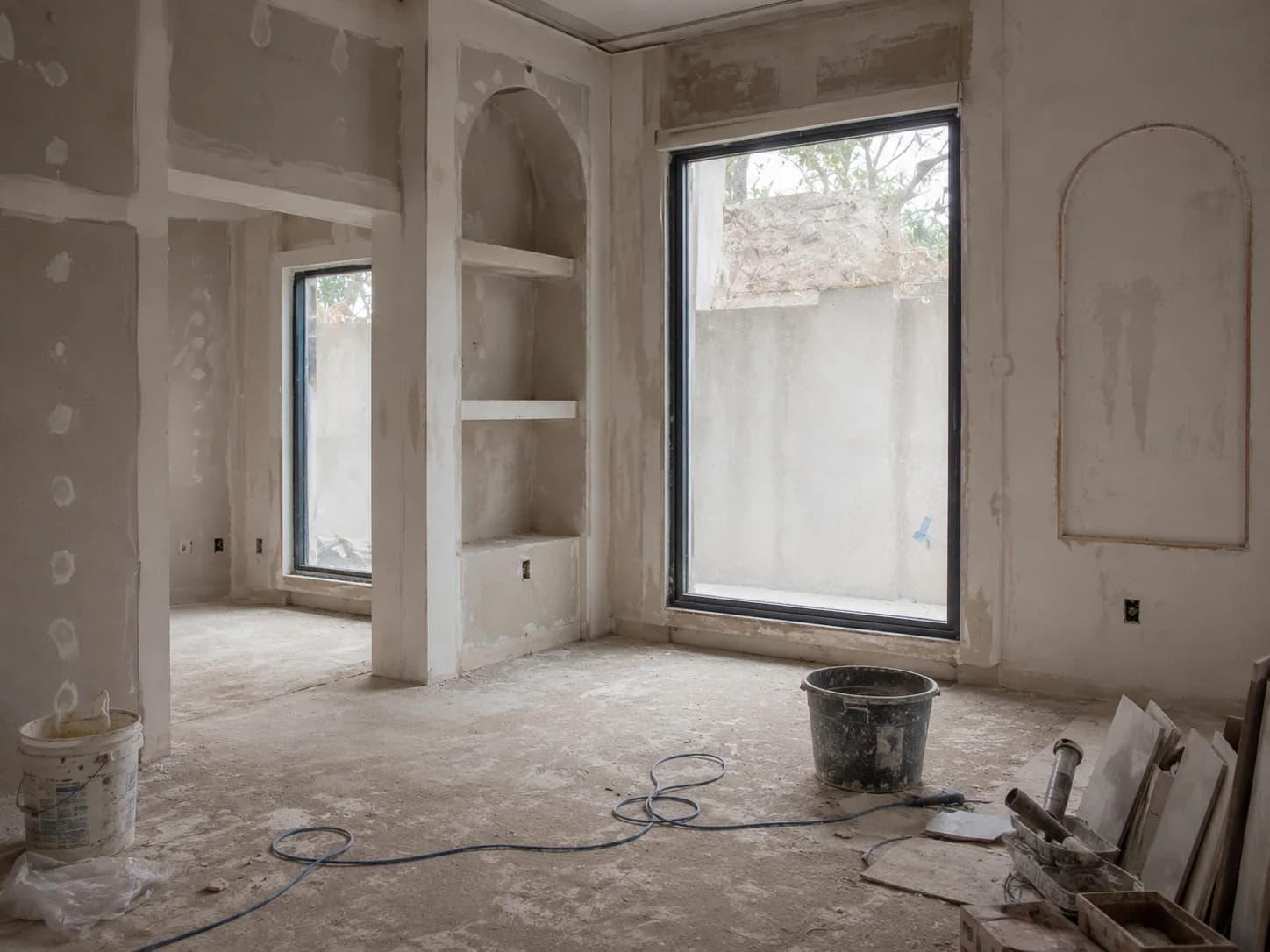 The Yoga Alcove as found: raw plaster walls, unfinished arched niches, and bare window openings.