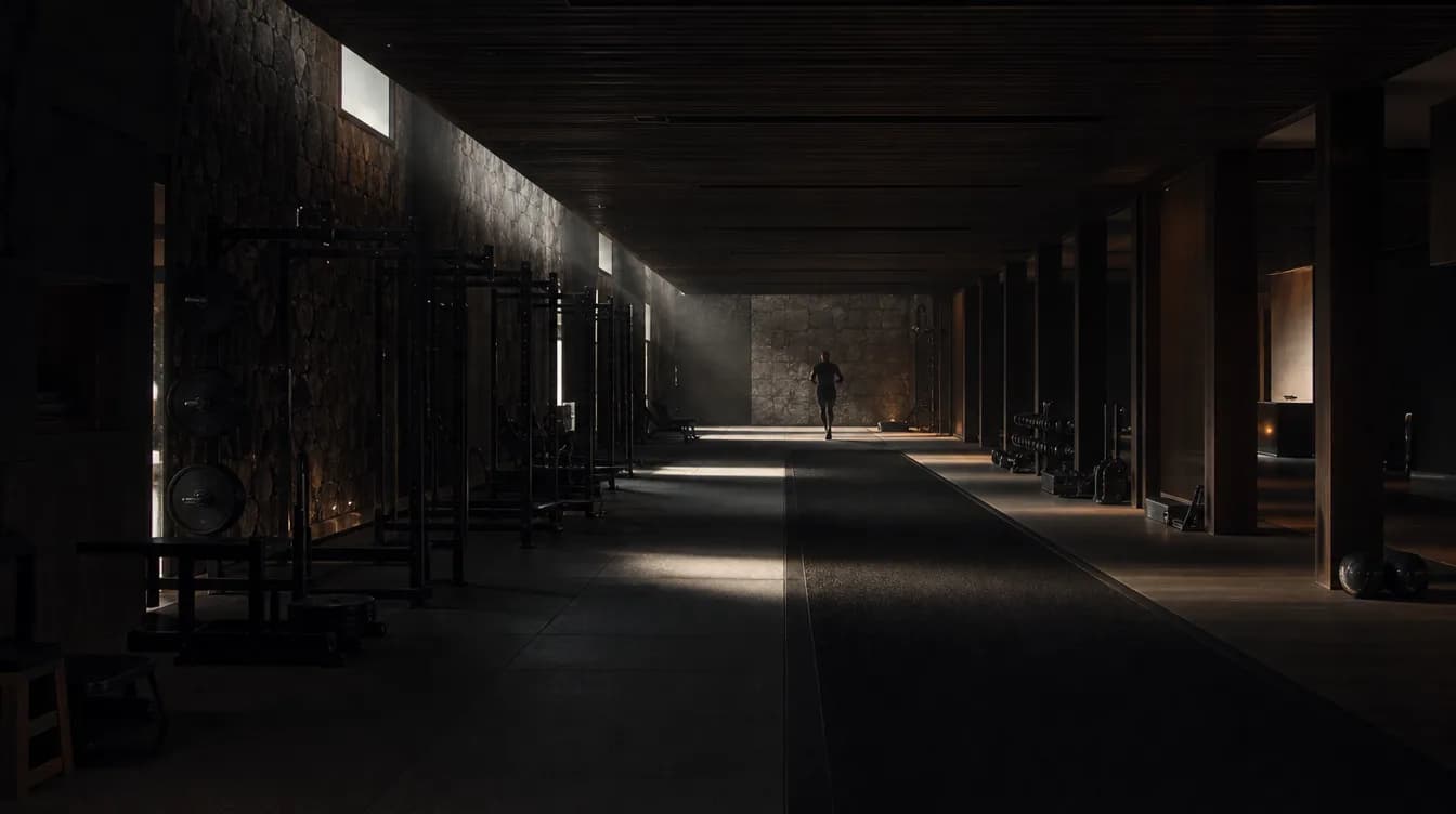 The full length of the training hall with a single distant silhouette mid-stride.