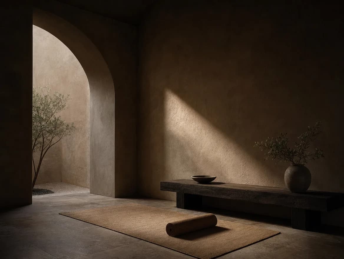 The yoga alcove at rest: mat, bench, and one sculptural shaft of morning light.