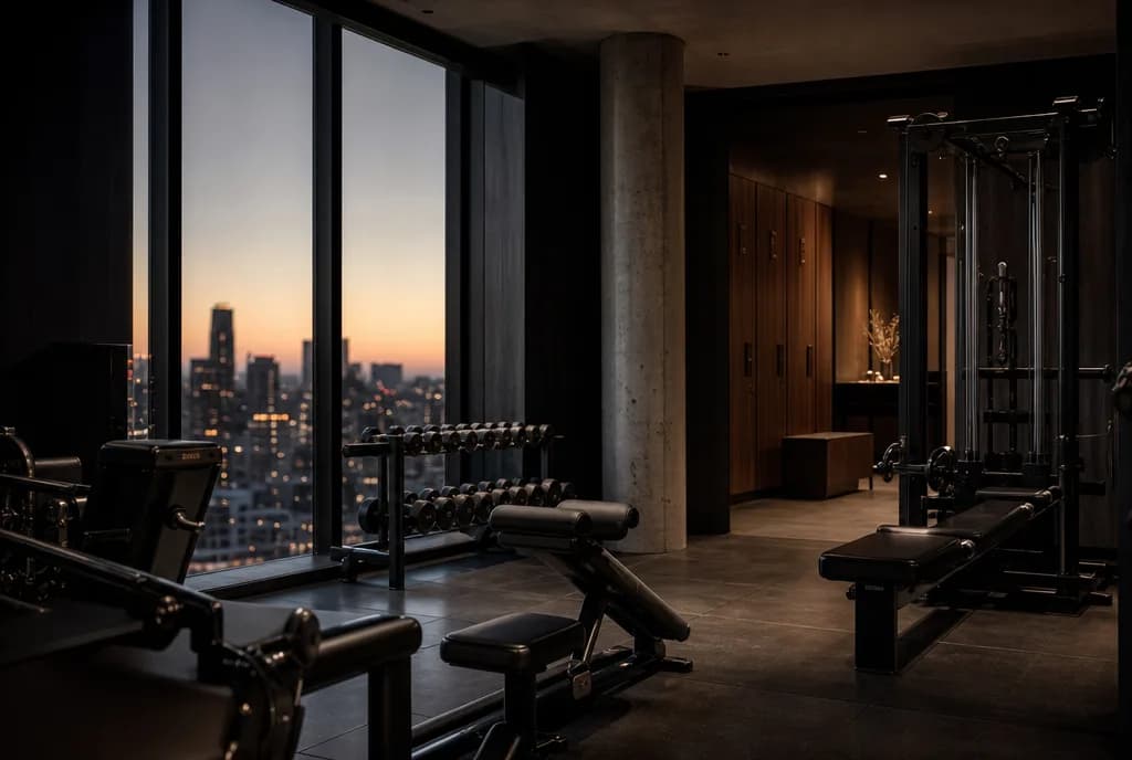 The City Performance Floor: a dark corporate gym with the London skyline at dusk beyond the glass.