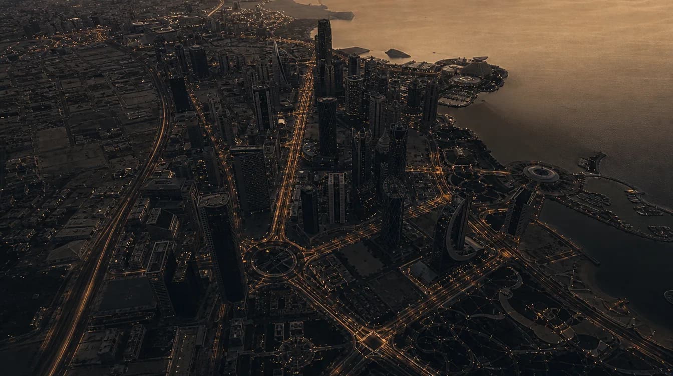 An abstract dark aerial impression of a Doha avenue district traced by thin warm lines of light.
