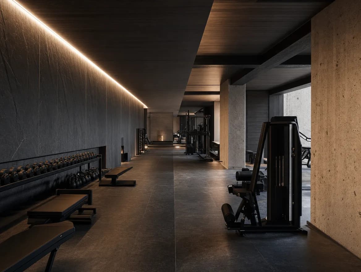 A wellness hall composed as a single authored object of structure, material, and one line of light.