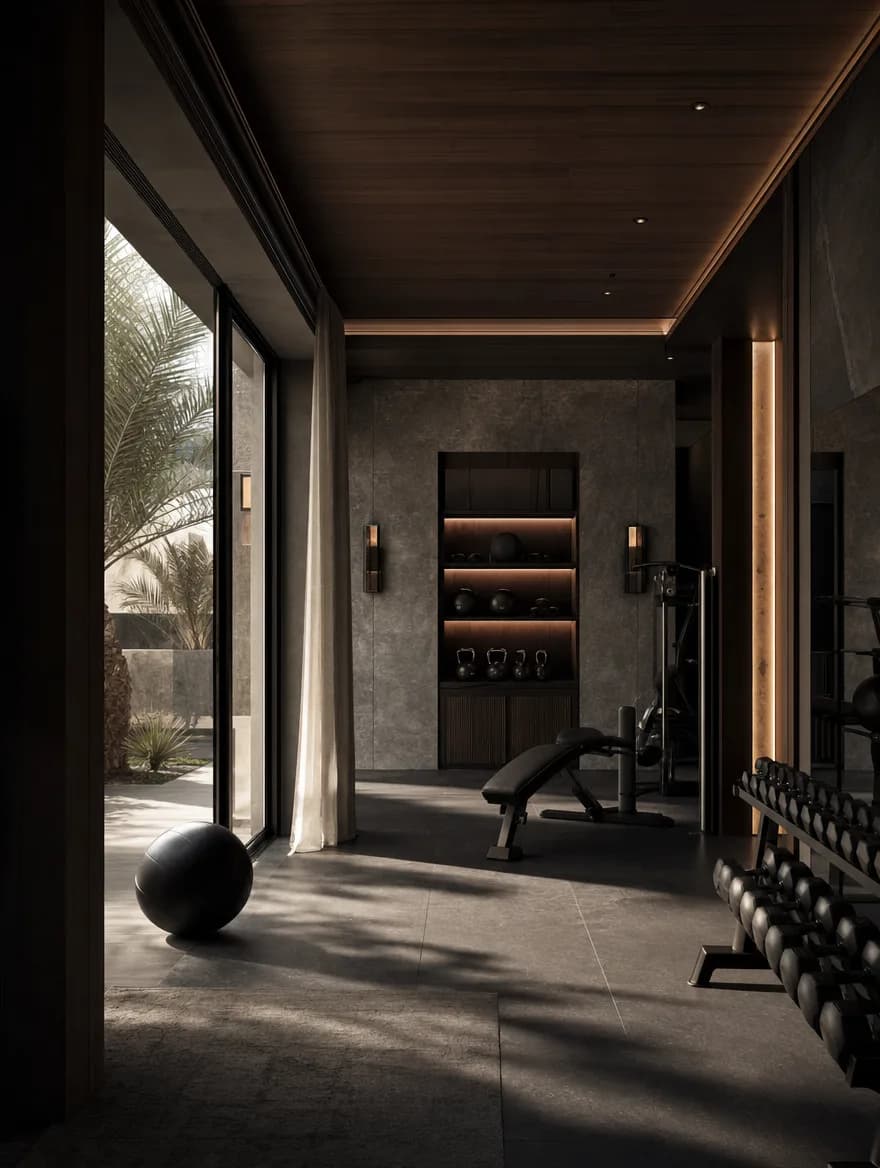 A premium residential gym in a Doha villa, low morning light across charcoal stone and matte black equipment.