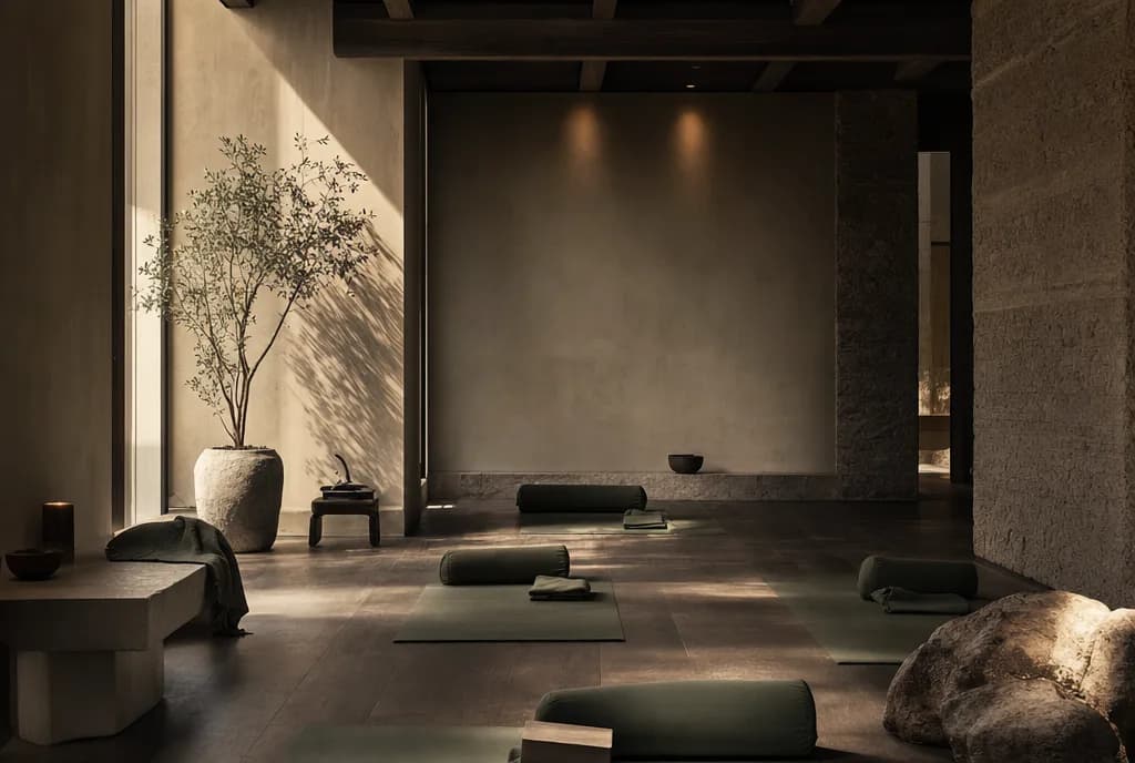 A quiet yoga and recovery environment with sculptural natural light and olive-sage textiles.